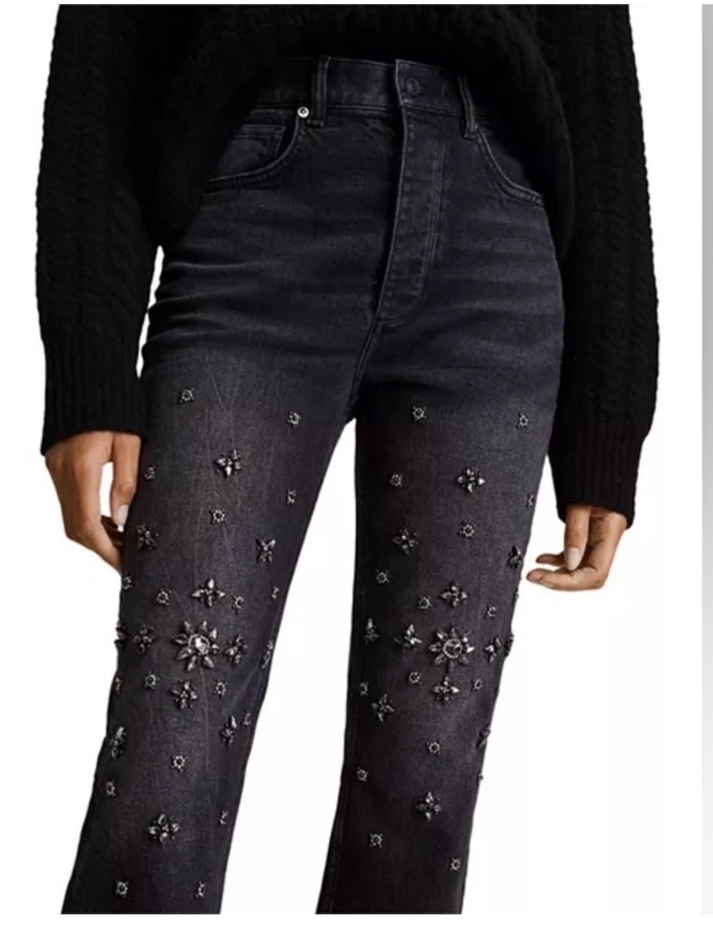 AllSaints High-Waisted Rhinestone Embellished FlaredWashed Black Sz 24